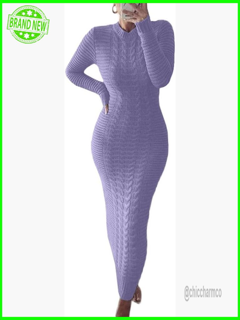 Crewneck Cable Knit Bodycon Maxi Pullover Sweater Dress Long Sleeve Slim Fit